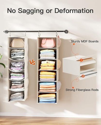 Pipishell Hanging Closet Organizer 6-Shelf, Hanging Shelves for Closet with 3 Removable Drawers & Side Pockets for Bedroom, Garment Rack and Wardrobe Organization, 12' x 12' x 43.3', White