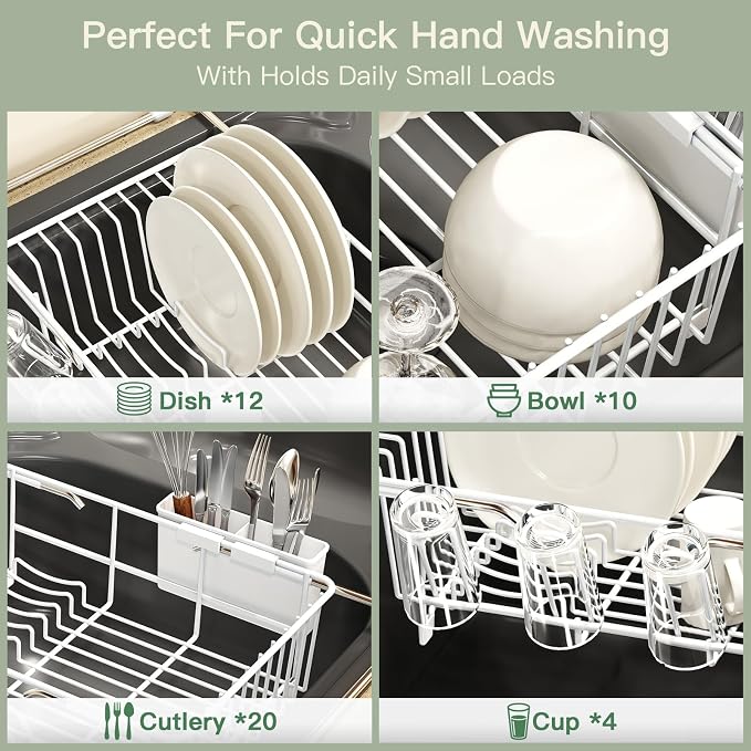 MAJALiS White Dish Drying Rack Over The Sink with Utensil Holder | Expandable Stainless Steel Dish Drainer for Small Kitchen, Apartment, RV, Counter Space Saving, Perfect Fit, Rustproof