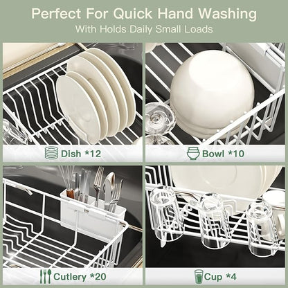 MAJALiS White Dish Drying Rack Over Sink with Utensil Holder, Drainboard | Expandable Stainless Steel Dish Drainer for Small Kitchen, Apartment, RV, Counter Space Saving, Perfect Fit, Rustproof