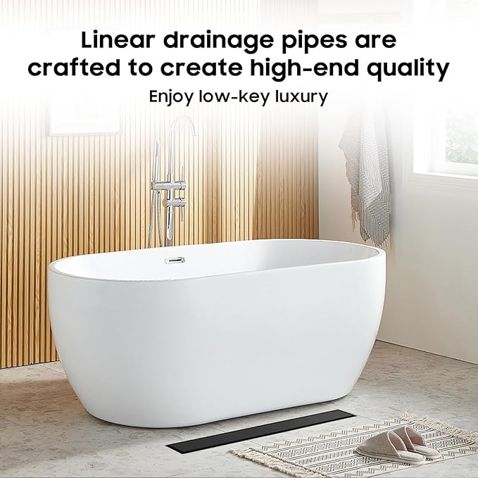 DLONE Linear Shower Drain | 24" AISI 304 Stainless Steel Shower Drain, Matte Black Linear Drain with Tile Insert Panel & Adjustable Feet, Long Rectangle Shower Floor Drain in Bathroom, Balcony, etc