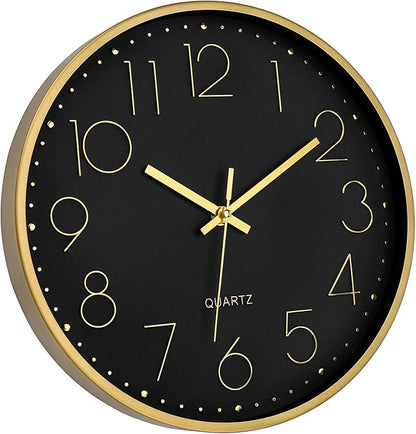 Foxtop Black Gold Wall Clock 12 Inch Silent Non-Ticking Battery Operated Round Quartz Modern Wall Clock for Living Room Kitchen Bedroom Home Office School Decor
