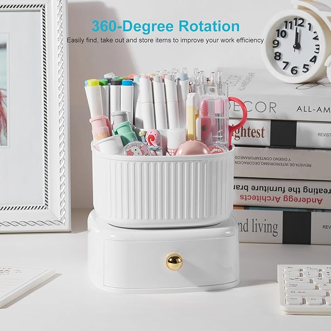 Pencil Pen Holder with Drawer, 5 Slots 360 Degree Rotating Pen Organizer For Desk, Desktop School Supplies Desk Accessories for Office School Home Art Supply White