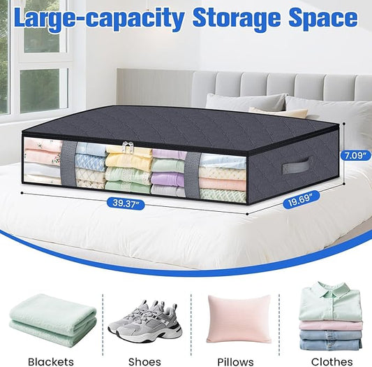 TasticTotes Under Bed Storage Containers, 8 Pack Blanket Storage Bags, Collapsible Storage Bags with Big Zippers, Clear Front, Shoe Storage and Organization for Clothes, Comforter, 90L, Grey