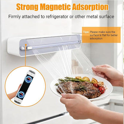 Magnetic Plastic Wrap and Foil Dispenser with Cutter, Fits for Max 12.8In x 328Ft Cling Film, Adhesive Wall Mounted Aluminum Foil and Wrap Organizer Holder for Kitchen