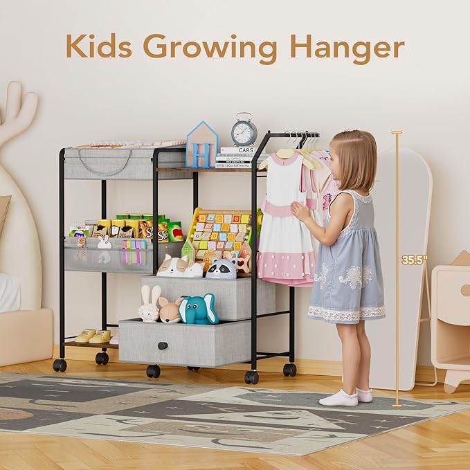BBLIKE Diaper Caddy Organizer with Hanging Rack - 3 Tier Rolling Baby Storage Cart with Drawers and Side Pockets for Newborn Diaper Organization for Nursery, Crib, Bedroom, Changing Table, Gray
