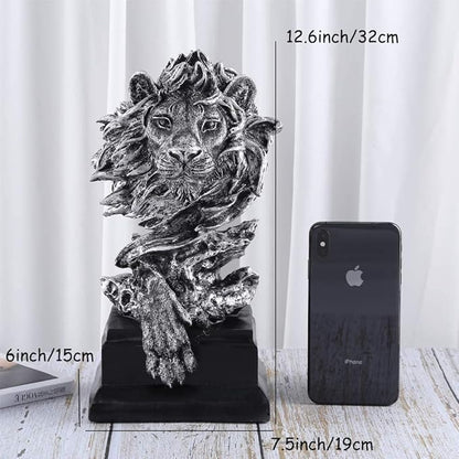 H&W Sandstone Lion Figurines - The King of Beasts - Statue Decoration for Home/Study/Living Room, Great Collectible Figurines, Best Gift for The Man, Silver Color (HH17-D3)