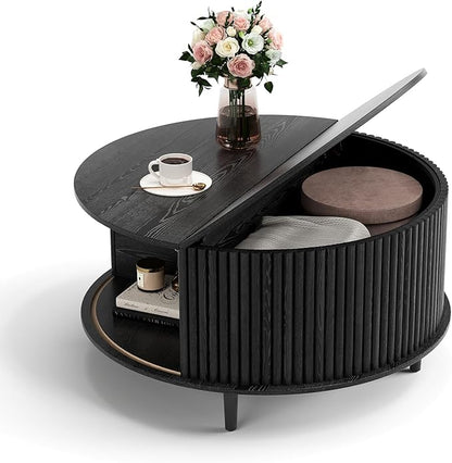 SULIVES Round Coffee Table with Storage,Mid Century Modern Coffee Table with Sliding Door,Fluted Center Table with Solid Wood Legs,Small Coffee Table for Living Room,Black