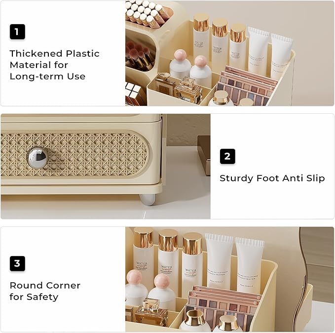 Makeup Organizer for Vanity with Brush Holder, Countertop Skincare Organizer with 2 Drawers, Spacious Cosmetic Display Case for Perfumes, Eyeshadow Palettes, Nail Polishes