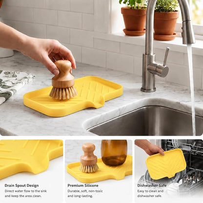 MicoYang Silicone Soap Dish with Drain Spout — Self-Draining Sink Organizer Tray for Bathroom & Kitchen, Sponges, Dispensers & Soap Holder, Non-Slip & Dishwasher Safe, Yellow (Medium, 9.6"×5.3")