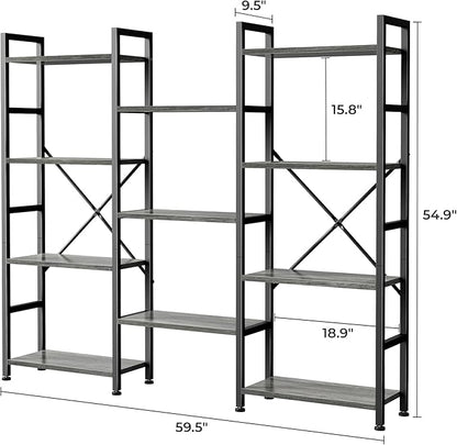 SUPERJARE Triple Bookshelf, Bookcase with 11 Open Display Shelves, Wide Book Shelf Book Case for Home & Office, 4 Tier, Grey