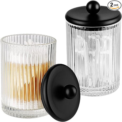 SheeChung 2 Pack Glass Qtip Holder - Apothecary Jars Bathroom Organizer with Metal Lids - Countertop Vanity Canister Set for Cotton Swabs, Rounds, Floss Picks-Modern Luxury Decor (Black Ribbed)