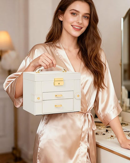 TORIBIO Jewelry Box for Women, Leather Jewelry Organizer with Mirror & Lock, 3-Tier Jewelry Storage Organizer with 2 Drawers for Girls/Women/Mothers, Necklace Earring Bracelets Holder Organizer
