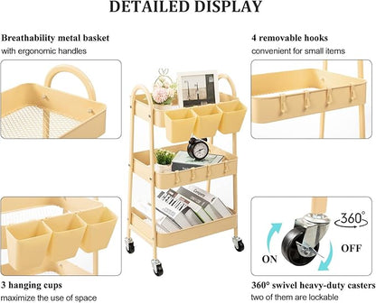 danpinera 3-Tier Rolling Cart, Utility Cart Mobile Metal Rolling Storage Cart with Lockable Wheels & Hanging Cups & Hooks for Kitchen, Bathroom, Office, Workshop, Yellow