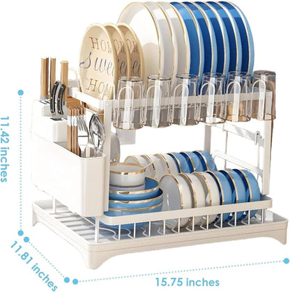 AIDERLY Dish Drying Rack for Kitchen Counter 2 Tier Iron Dish Drainer with Removable Cutlery Basket, White