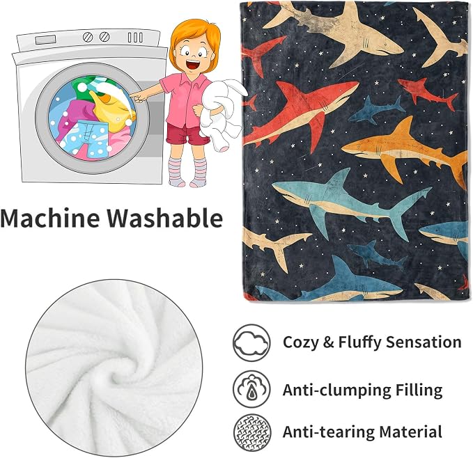 Shark Blanket Vibrant Sharks Dark Throw Blankets,Birthday Gifts for Girls Boys Women & Ocean Lovers,Lightweight Soft Fleece,for Sofa Couch Bed Room Sea Life Decor 50x60in