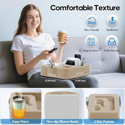 Couch Cup Holder Pillow, Sofa and Bed Organizer Caddy for iPad, Kindle, Switch, Game Controller, Remotes, Phones, Small-Sized Cup & Drink Holder for Couch, Bed, Desk, Car, Beach, Desk, Khaki
