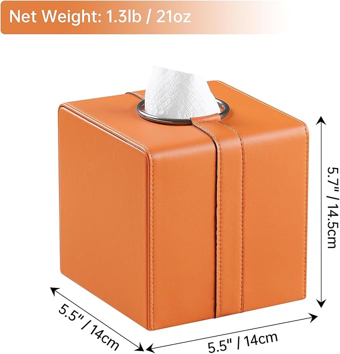 MEIBOOCH Square Tissue Box Cover, Luxury PU Leather Tissue Holder with Magnetic Closure (Orange)