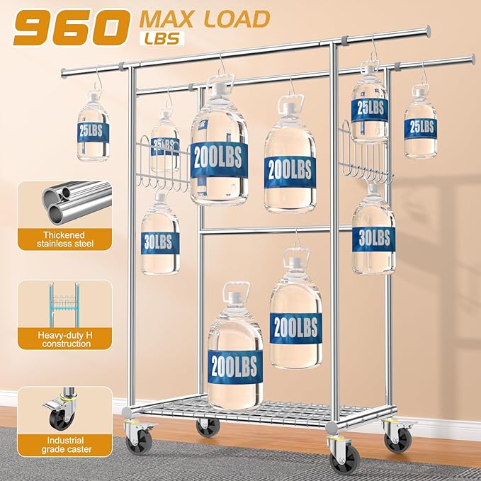 Stainless Steel Heavy Duty Clothes Rack Load 960LBS, Freestanding Garment Racks with Three Rods for Hanging, Rolling Clothing Rack with 360° Wheels for Bedroom Laundry Commercial