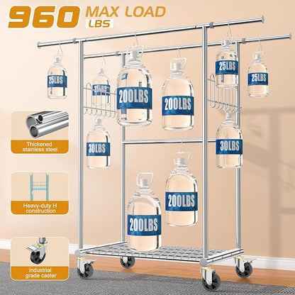 Stainless Steel Heavy Duty Clothes Rack Load 960LBS, Freestanding Garment Racks with Three Rods for Hanging, Rolling Clothing Rack with 360° Wheels for Bedroom Laundry Commercial