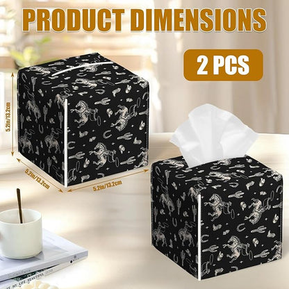 Western Cowboy Tissue Box Cover 2PCS, Leather Tissue Box Holder Square Facial Paper Case Tissue Box Cube Organizer for Bathroom Bedroom Desk Office