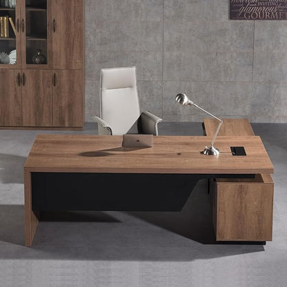 SAINTCY Retractable L-Shaped Executive Desk, Commercial-Grade Office Desk with Reversible Storage Cabinet, Built-in Power Hub, Modern Executive Desk for Home & Business Office