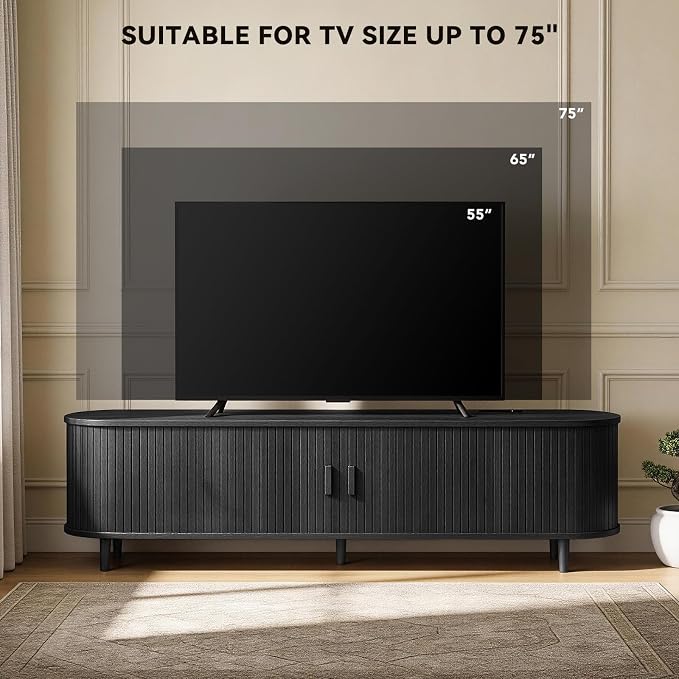 65" Mid Century Modern TV Stand with Power Outlet, Fluted Entertainment Center with Storage and Adjustable Shelves, Wood TV Console with Sliding Doors for Living Room, Black