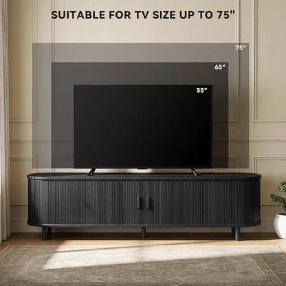 65" Mid Century Modern TV Stand with Power Outlet, Fluted Entertainment Center with Storage and Adjustable Shelves, Wood TV Console with Sliding Doors for Living Room, Black