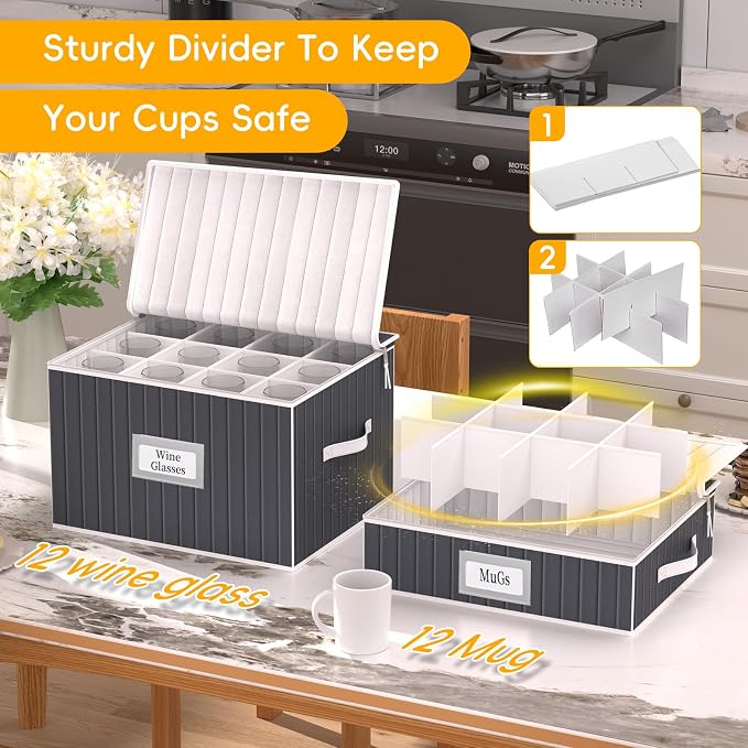 Mug and Cup Storage Box with Dividers - 2 Pack China Storage Bin Containers Holds 24 Glassware, Stackable Coffee Mug Organizer Bin and Tea Cup with 2 Metal Zipper,Label and Handles (Grey)