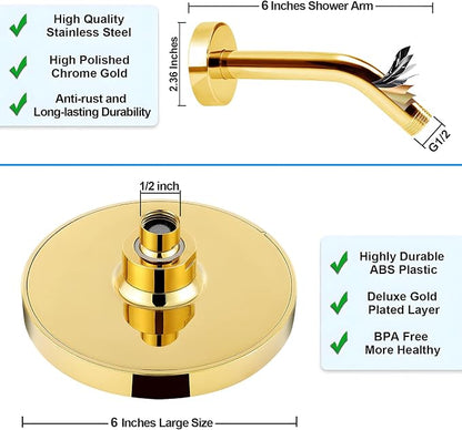 High Pressure Rainfall Shower Head, 6 Inches Showerhead with Perfect Adjustable Replacement, Removable Restrictor, Easy Installation for Your Bathroom Shower Heads (Deluxe Gold + Shower Arm)