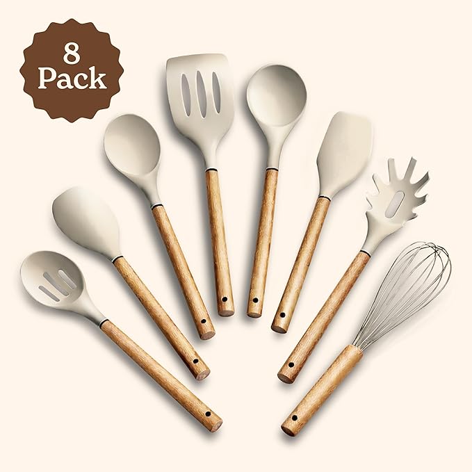 Country Kitchen Non Stick Silicone Utensil Set with Rounded Wood Handles for Cooking and Baking, 8 Piece Set, Khaki