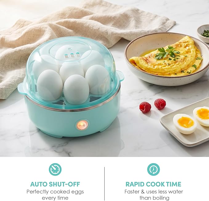 Elite Gourmet EGC115M Easy Egg Cooker Electric 7-Egg Capacity, Soft, Medium, Hard-Boiled Egg Cooker with Auto Shut-Off, Measuring Cup Included, BPA Free, Retro Mint