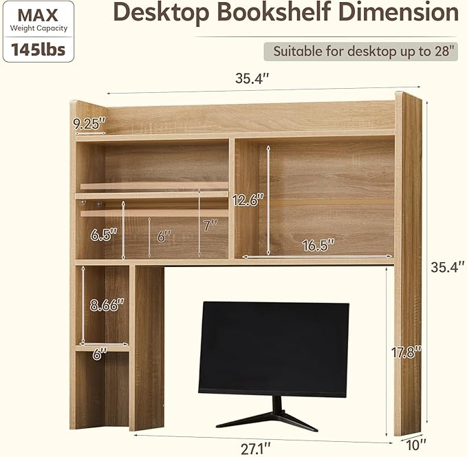 Desktop Bookshelf, Wooden Desk Hutch with 7 Shelves, 35.4" 3-Tier Desk Organizer and Storage Shelf for College Dorm Office Home (Natural)