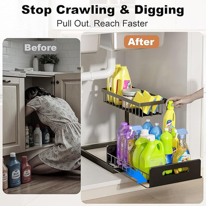 REALINN Under Sink Organizer, Pull Out Cabinet Organizer, 2 Tier Metal Slide Out Shelf with L Shaped Design for Kitchen, Bathroom, Laundry, and Utility Cabinet Storage for Deep Cabinets, Black, 1 Pack