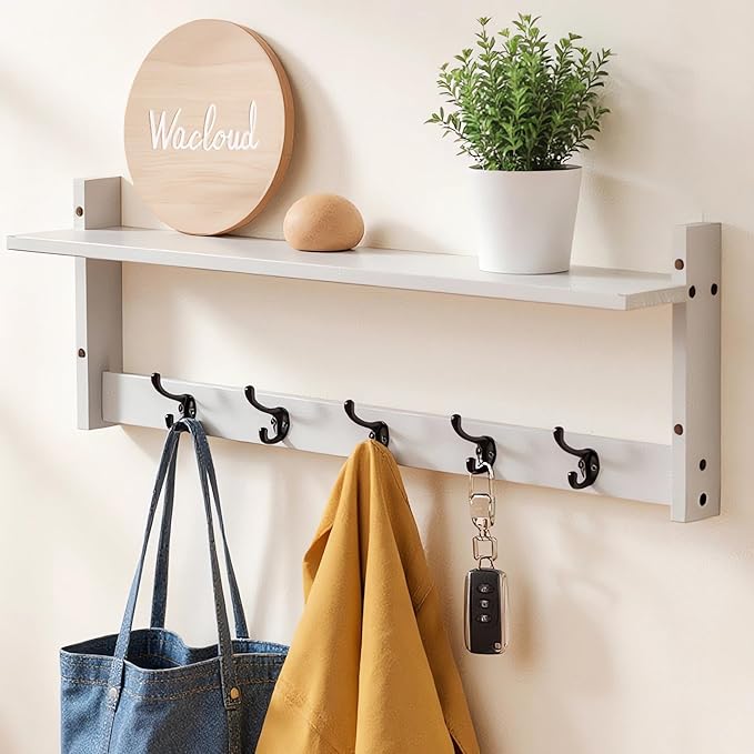 29Inch Wall Mounted Coat Rack with Hooks and Shelf - Large Rustic Wood Coat Hangers for Hats, Keys, Towels, Robes – Functional Entryway Wall Organizer for Bathroom, Kitchen, Mudroom (White)