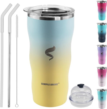 20Oz Insulated Tumbler With Straw And Lid,Spill Proof Tumbler for Iced Coffee And Hot Beverage, Double Wall Vacuum Travel Mug,Stainless Steel Straws for Tumbler,Yellow