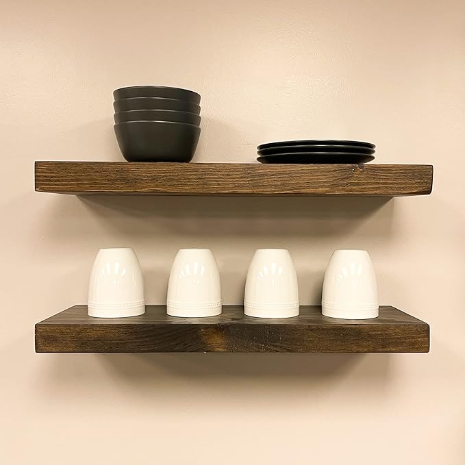 URBANDI, Rustic Floating Shelves, Set of 2, Hidden Bracket, Solid Wood, Heavy Duty, Wall Mounted Shelves, (Dark Brown, 24Wx10D)