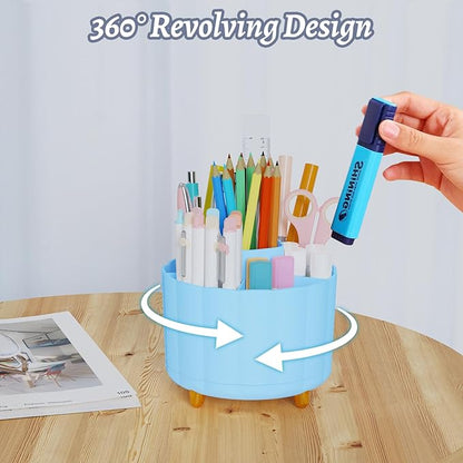 360 Degree Rotating Pen Holder for Desk, 6 Slots Desktop Organizer Caddy for Pens, Pencils, Markers, Multi-Functional Pencil Cup & Office Supplies Holder, Blue
