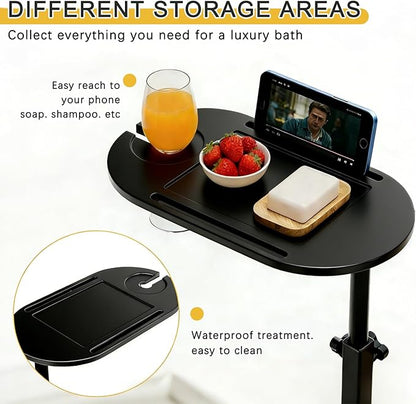 3-Tier Freestanding Bathtub Tray Table, Bamboo Swivel Bathtub Side Table with Height Adjustable Design, Standing Bath Tray for Tub Against Wall, Bathroom Organizer for Luxury Home Spa (Black)