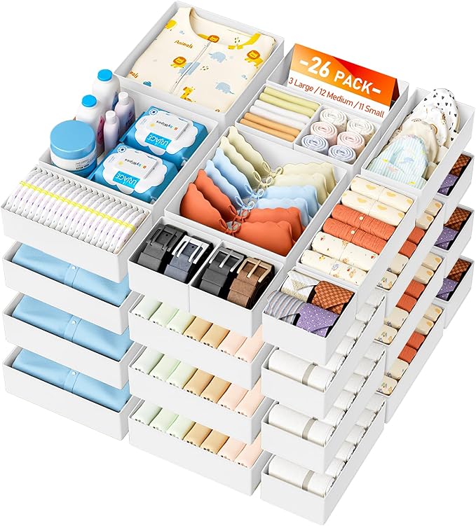 DIMJ Drawer Organizer Clothes 26 Pack - Foldable Baby Organizers and Storage Dresser Organizer for Bedroom, Closet Nursery Organization Dresser Dividers for underwear, Sock, Bra, Belt, Tie