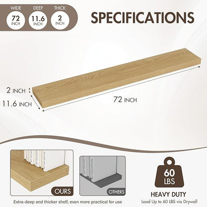 Acovy 72 Inch Floating Shelves, 12" Deep Floating Shelf Wall Mounted, 72" Wall Shelves, Rustic Deep Bookshelf, Extra Deeper & Thicker Display Shelves for Bedroom, Living Room, Oak, Set of 1