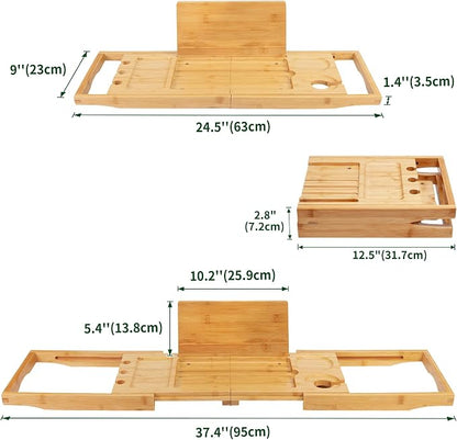 Utoplike Bamboo Bathtub Caddy Tray Bath Tray for Tub, Adjustable Bathroom Bathtub Organizer with Book Tablet Wine Glass Cup Towel Holder (24.5"-37.4")