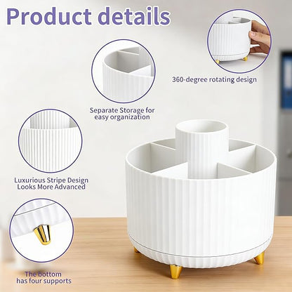 Camelmother Pen Holder For Desk With 5 Slots 360°Rotating Pencil Holder Makeup Organiezr Teacher Supplies Office decor (white)