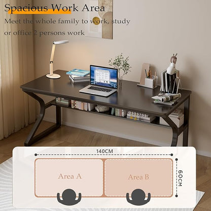 Extra Long Desk with Bookshelf - 55" Double Long Writing Table for 2-Person Workstation, Modern Study Work Computer Desk for Home and Office, Black