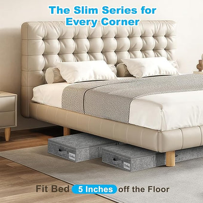 Under Bed Storage Container Bins 4 Pack, 5 Inch Thin Low Profile Underbed Clothes Storage Organizer for Dorm & Home, Use for Blanket and Toy Storage Box W/ Sturdy Bottom/Sides, Foldable Thick Fabric