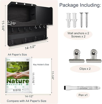 Key Holder for Wall Mount with Shelf and Mail Organizer, Key and Mail Holder with 16 Hooks, Farmhouse Entryway Organizer, Home Decor Rack (Pine Wood, Black)