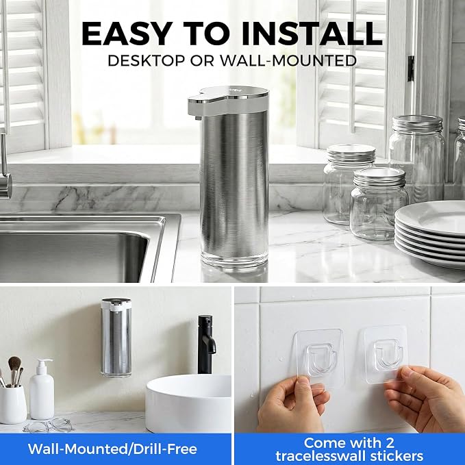 Automatic Foaming Soap Dispenser Touchless, Stainless Steel Hand Soap Dispenser, USB Rechargeable, 4 Adjustable Levels, 11.8oz/350ml for Kitchen and Bathroom (Stainless Steel White, Foam)