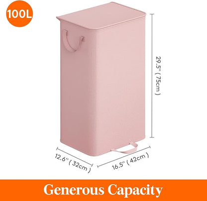 Lifewit Single Laundry Hamper with Lid and Removable Laundry Bags, Large Collapsible 1 Dividers Dirty Clothes Basket with Handles for Bedroom Laundry Room Closet Bathroom College, 100L Pink