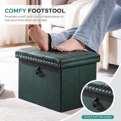 oakvivo Small 16 x 12 x12 Inches Folding Storage Ottoman, Faux Leather Foot Rest Stool with Rivet Design, Ottoman with Storage Vanity Stool Coffee Table for Living Room, Bedroom, Load 242 lbs, Green