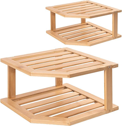 VERTORGAN Bamboo Corner Shelf(2 Pack),2 Tier Plate Organizer for Cabinet and Countertop,Pantry Dish and Spice Rack for Kitchen