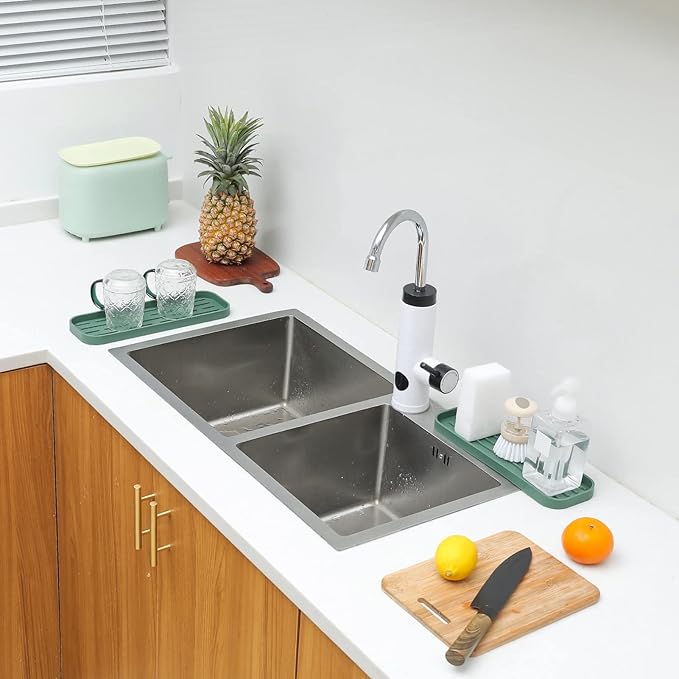 MicoYang Silicone Kitchen Sink Organizer Tray for Multiple Usage,Eco-Friendly Sponges Holder for Kitchen Bathroom Counter or Sink,Dish Soap Dispenser,Scrubber,Bottle,Cup (Green, 12"×4")